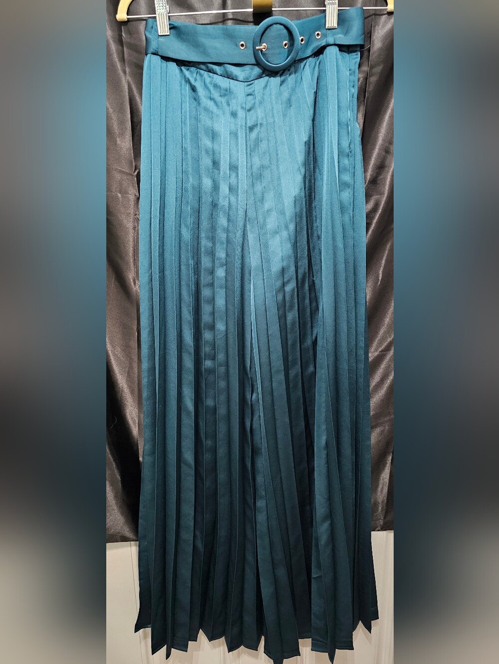 Flying Tomato Peacock Teal Satin Pleated Wide Leg Palazzo Pants Small